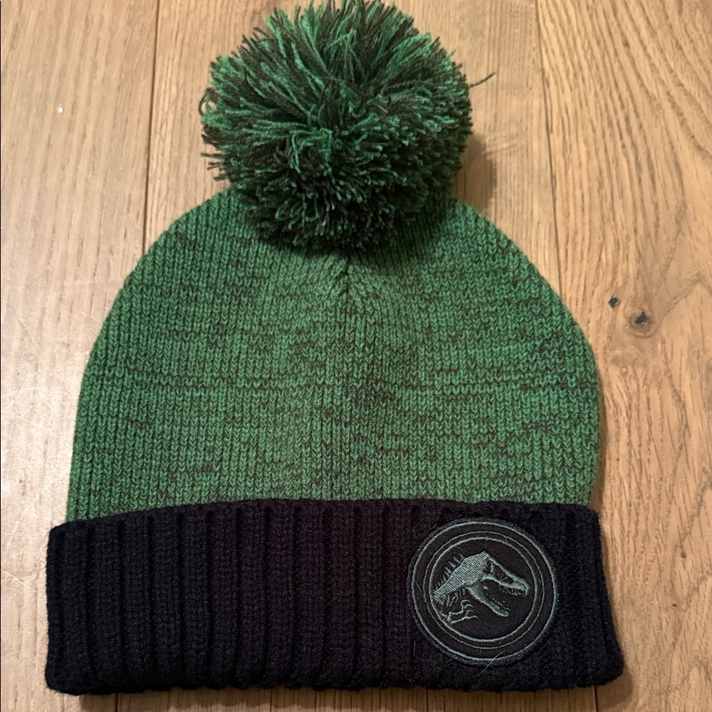 Green and Black Beanie with Dinosaur Patch